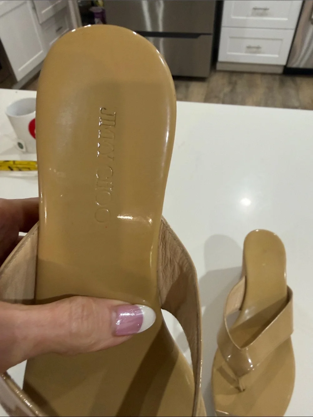 Jimmy Choo Nude Patent Cork Wedge Thongs